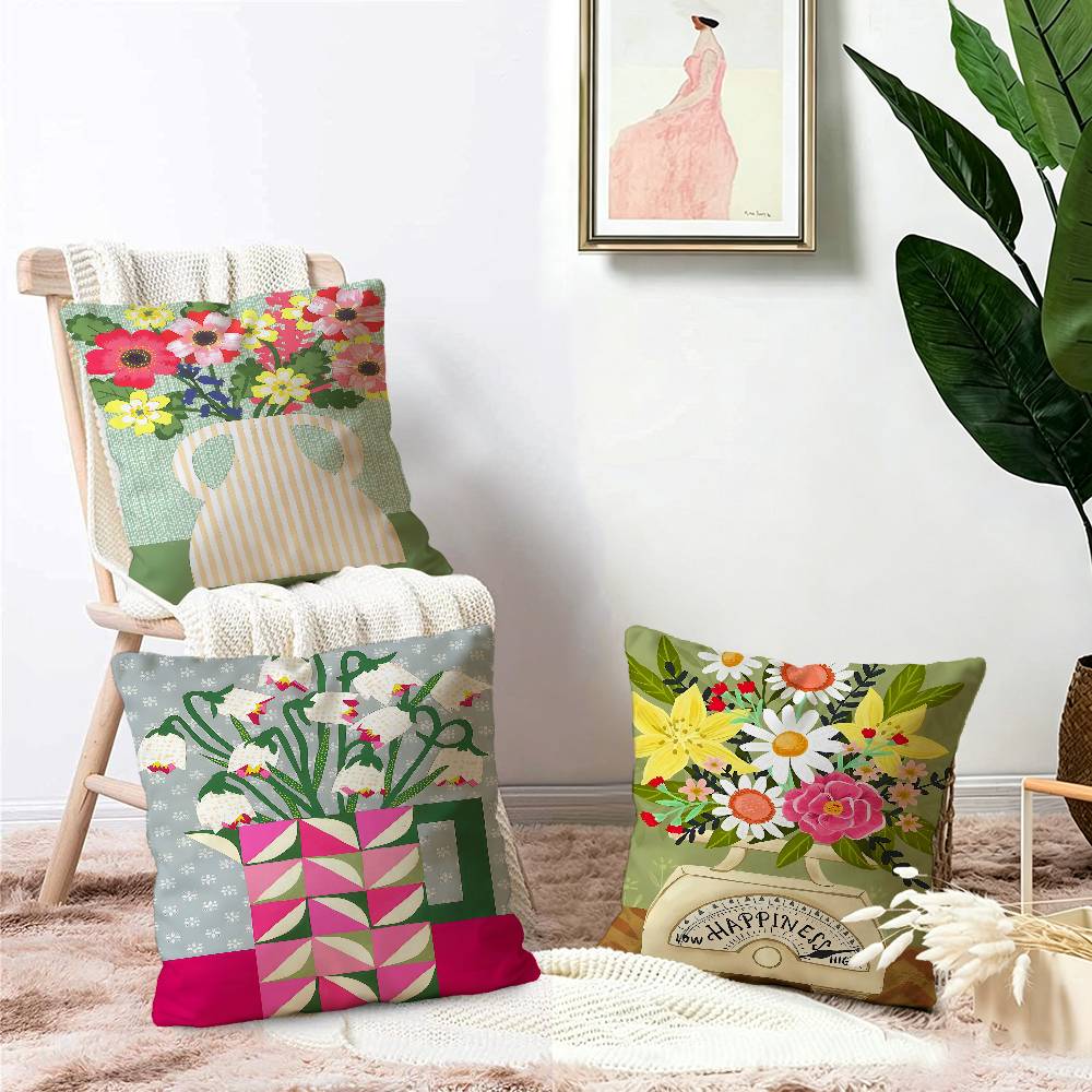 Home Textiles Market - ピンクフラワーマーケット花瓶花柄植物柄枕カバー ソファ装飾用 両面印刷 ショートプラッシュ キュートなクッションカバー