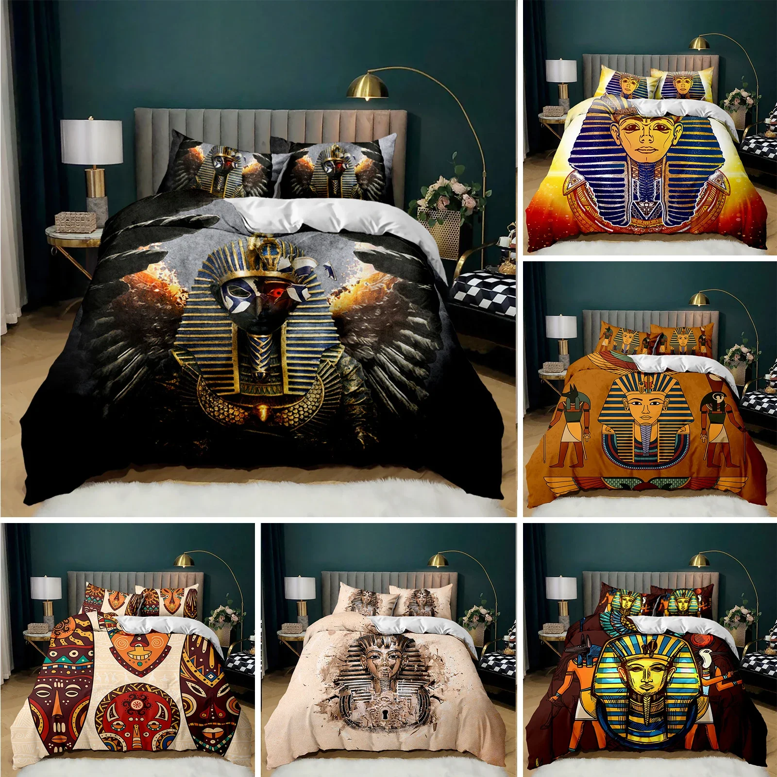 ファラオ 3D 古代エジプト部族快適な布団キルトカバー枕カバ - Home Textiles Egypt のレビューと価格