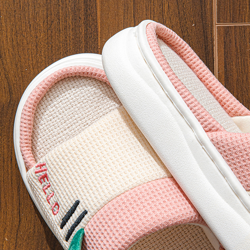 新しいスタイルのリネンスリッパ女性用屋内ホーム四季カップル用 - Home And Textiles のレビューと価格
